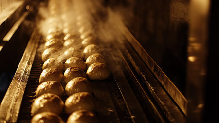 Bread rolls entering a cooling area on a production line, still warm and golden from the oven.の素材
