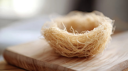 Close-up of a fresh edible bird nest on a light wooden board, focusing on its unique fibrous texture.の素材