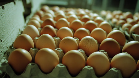 Close-up of brown eggs nestled in a carton, part of a larger wholesale order stacked in rows.の素材