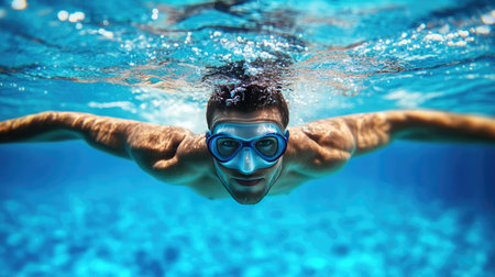 Swimmer underwater with arms reaching out in front, moving steadily through the blue pool water. Calm and focusedの素材
