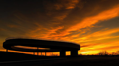 The curves of a modern highway interchange meeting an overpass, silhouetted against a glowing sunset.の素材