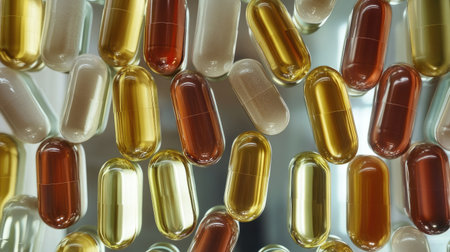 Capsules placed artfully on a mirror, creating a visually stunning reflective patternの素材