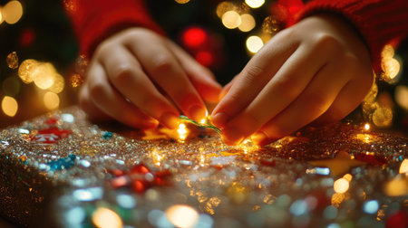 Close-up of hands playing with fairy lights, with reflections on a shiny Christmas gift wrap in the backgroundの素材