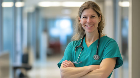 Smiling nurse wearing green scrubs and a stethoscope, standing in a modern clinic with arms crossed.の素材