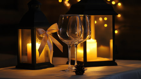 Wine glasses with elegant holiday ribbons tied around the stems, placed near a lit Christmas lanternの素材