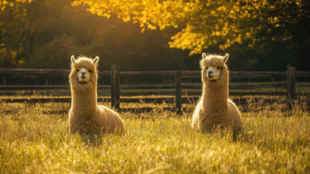 Two fluffy alpacas sitting in a grassy pasture, with a rustic farm fence in the background.の素材