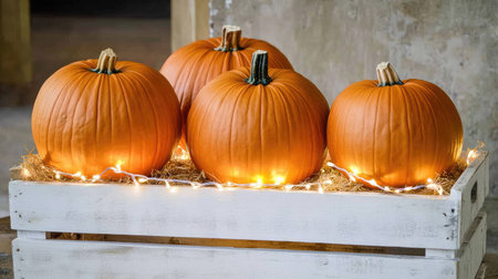 Bright orange pumpkins on a white crate, with string lights draped around for a warm, glowing effectの素材