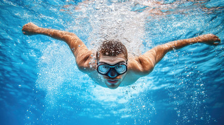 Swimmer performing a backstroke underwater, looking up as they move smoothly through the pool, bubbles floating upの素材