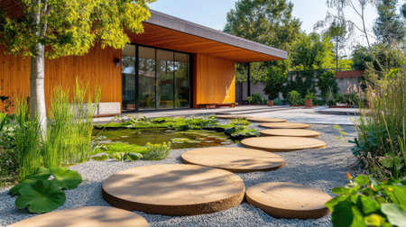 A trail of stepping stones outside a modern wellness center, surrounded by a zen garden.の素材