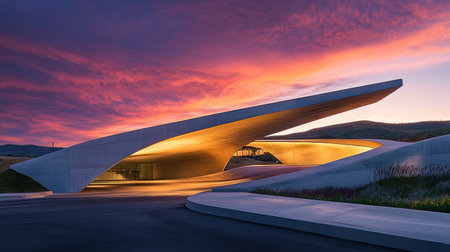 A wide-angle view of a highway passing beneath a minimalist concrete overpass at dusk, with a fiery sunset in the background.の素材
