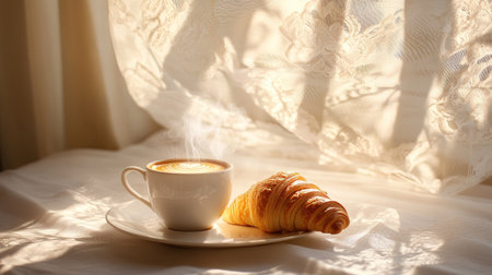 A steaming coffee cup with a croissant on a white plate, with elegant shadows of lace curtains in the backgroundの素材
