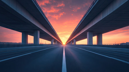 Symmetrical lanes of a highway running under a clean concrete overpass, bathed in the colors of a twilight sunset.の素材