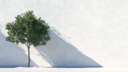 A single tree's shadow reaching across a white stucco wall in bright midday light.の素材