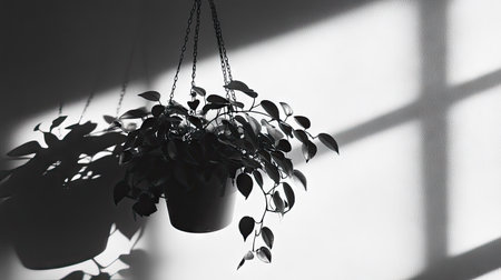 The shadow of a hanging plant swaying against a sunlit wall at midday.の素材
