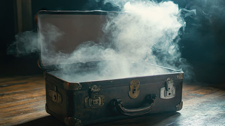 A vintage suitcase with smoke seeping through the edges as it begins to openの素材