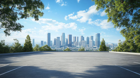 An empty parking lot with a clear view of a city skyline, a few trees framing the edges, modern cityscape under blue skies.の素材