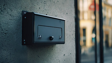 Close-up of a matte black mailbox with an elegant label slot, mounted on a concrete wall in an urban area.の素材
