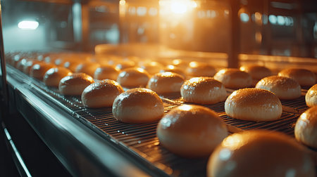 Bread rolls traveling on a conveyor belt in an industrial bakery, shining under clean, bright lighting.の素材