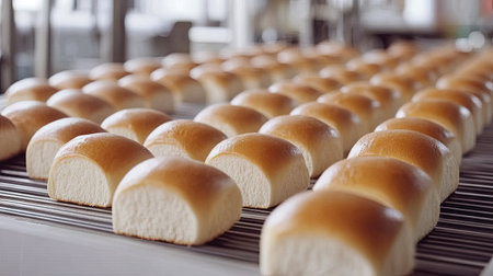 Bread rolls cooling on a conveyor belt in a modern factory setting, uniform rows moving efficiently along.の素材