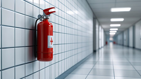 Bright red fire extinguisher on a white tiled wall in a hospital hallway, clean and accessible.の素材