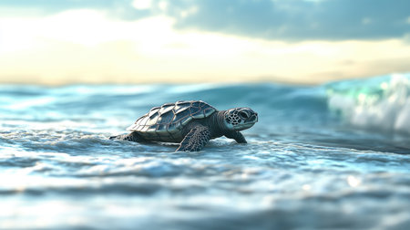 A baby sea turtle in focus, with soft waves and blue sky blurred in the background as it moves forward.の素材