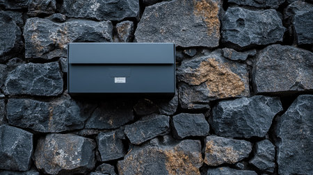 Close-up of a mailbox with a minimalist design and a matte gray finish, blending into a stone wall.の素材