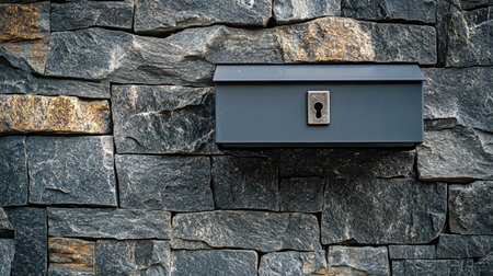Close-up of a mailbox with a minimalist design and a matte gray finish, blending into a stone wall.の素材