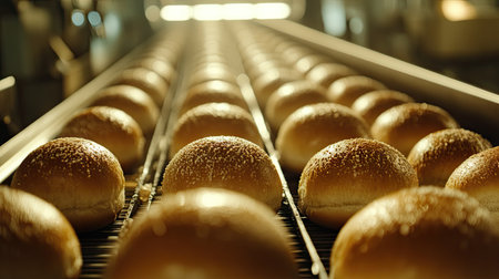Bread rolls in perfect formation on a conveyor belt, machinery working efficiently in a modern production line.の素材