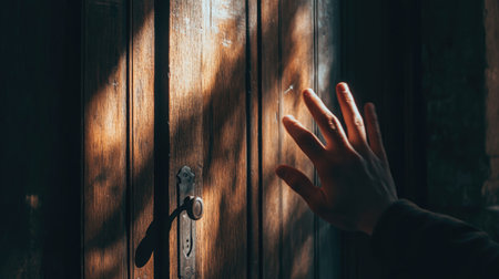 Close-up of a young man's hand raised to knock on a wooden door, softly lit background with subtle shadows.の素材