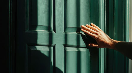 Close-up of a young man's fingers about to knock on a door painted in dark green, slight shadow casting.の素材