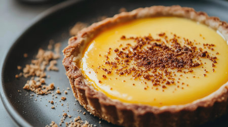 Close-up of egg custard tart with a caramelized top and buttery crust, on a plate with crumbs around it.の素材