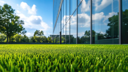 Close-up of lush green grass leading up to a sleek, modern office building with reflective glass windows. Clean, contemporary look.の素材