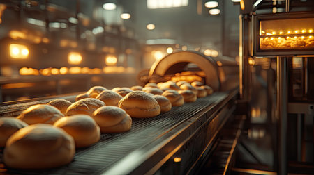 Conveyor with warm bread rolls fresh from the oven, industrial bakery background showing equipment and lights.の素材