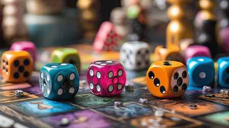 Close-up of colorful game pieces and dice, arranged on a board, ready for a classic game night.の素材
