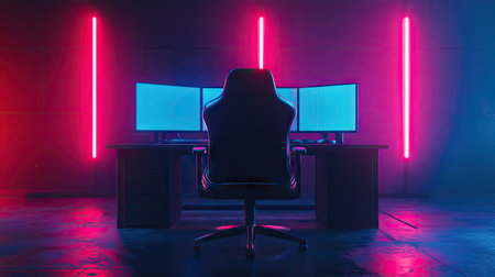 Darkroom setup with an empty chair, dual monitors, and neon RGB lights creating a vibrant gaming atmosphere.の素材