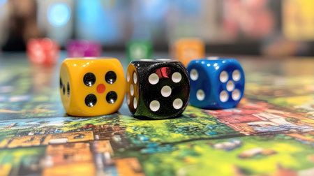 Close-up of game dice and colorful tokens on a board, waiting for the start of an exciting game.の素材