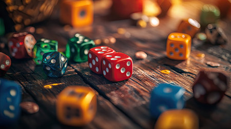 Close-up of colorful board game pieces and dice scattered on a wooden table, ready for gameplay in a cozy setting.の素材
