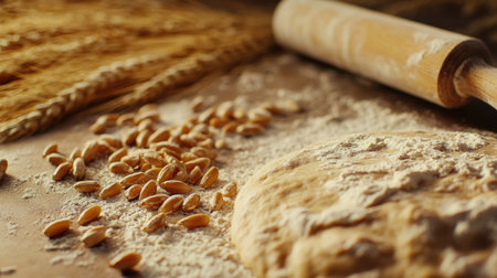 Close-up of raw dough on a floured table, rolling pin beside it, wheat kernels scattered around.の素材