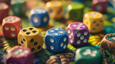 Close-up of colorful game pieces and dice, arranged on a board, ready for a classic game night.の素材