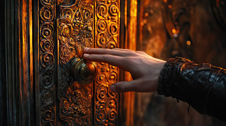 Detailed view of a young man's hand positioned to knock on a door with intricate metalwork and warm lighting.の素材