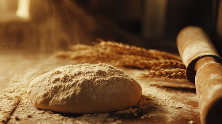 Close-up of raw wheat dough covered with flour, rolling pin beside it, softly lit rustic setting.の素材