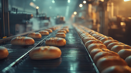 Conveyor belt in a modern bakery with rows of freshly baked bread rolls, machinery whirring in the background.の素材