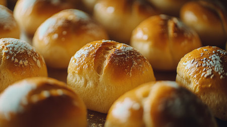 Close-up of freshly baked bread rolls on a conveyor, warm and golden with a soft texture, ready for packaging.の素材