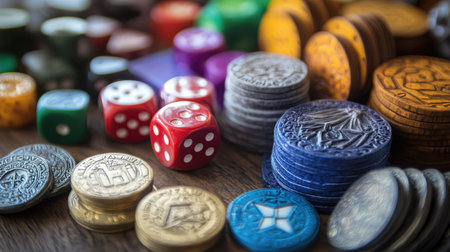 Colorful game tokens and classic dice arranged on a tabletop, a perfect setup for strategic play.の素材