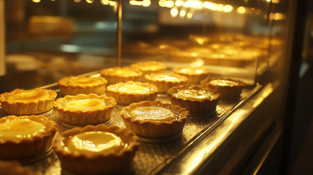Egg custard tarts in a bakery display case, their golden tops shining under the warm lights.の素材