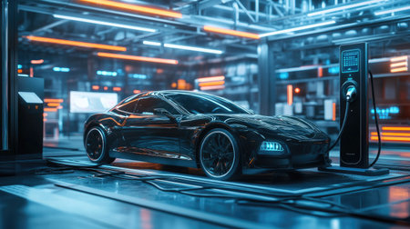 Electric car plugged into a charging station in a high-tech industrial area. Charging progress displayed on the station.の素材