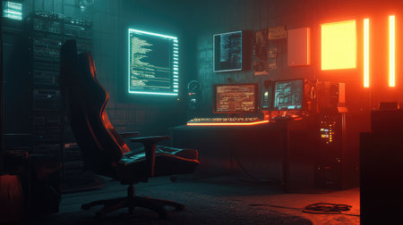 Dark room with an empty gaming chair, neon keyboard, and illuminated screens creating a cyber atmosphere.の素材