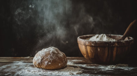 Dough in a ball shape on a rustic table, flour dusted around, wooden bowl with more flour on the side.の素材
