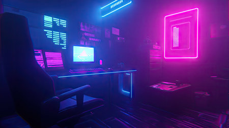Darkroom setup with empty gaming chair, keyboard, and glowing monitor, giving off a futuristic, neon atmosphere.の素材