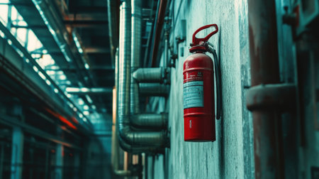 Fire extinguisher hanging on a warehouse wall, surrounded by metal pipes, with a rugged industrial feel.の素材